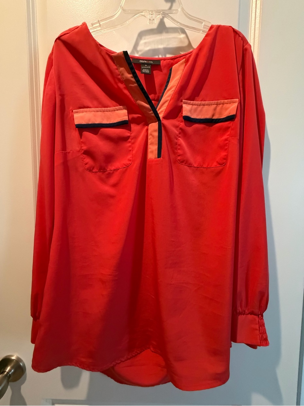 Style & Co. Coral Long-Sleeve V-Neck Tunic with Navy Trim
